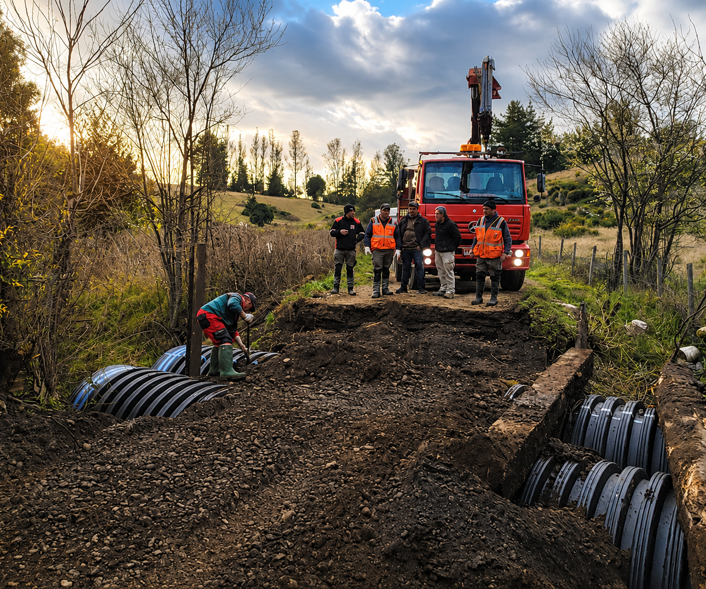Cuadrilla Ülmen Ingeniería instalando alcantarillas en terreno